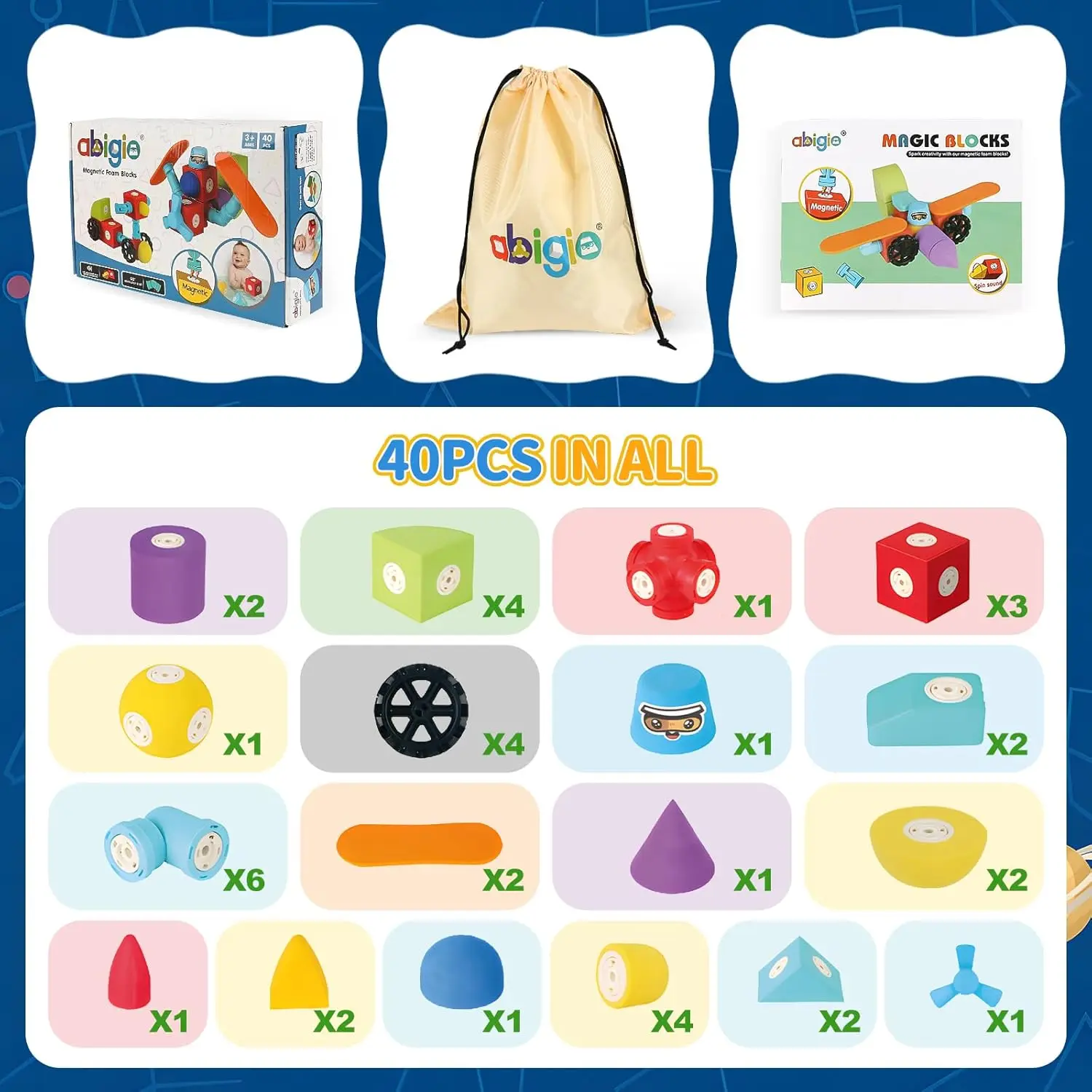 40PCS Magnet Building Blocks Preescolar Montessori Set Giocattoli da bagno da viaggio Blocchi magnetici in schiuma, Giocattoli sensoriali per l'autismo