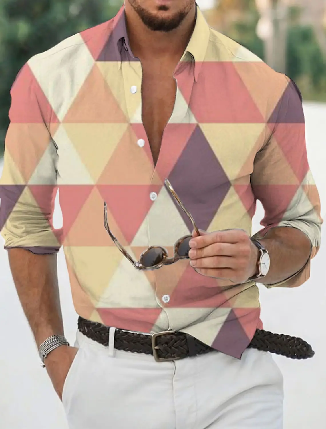 Camisa con estampado geométrico para hombre, ropa de calle de manga larga con botones, diseño de moda Tropical