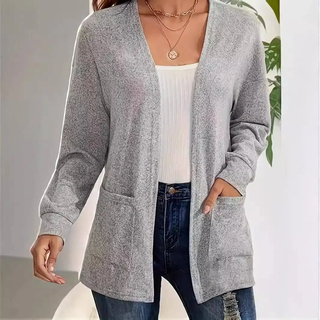 

plus Size Comfortable Casual Pocket Open Cardigan Women's Fashion City Walk Long Sleeve Polyester Elastic Fiber Dress