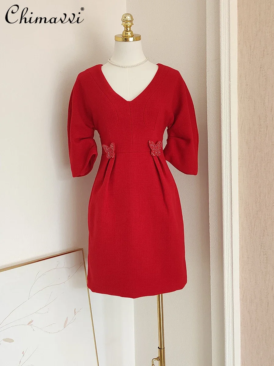 

French Style Elegant Socialite V-Neck Half Sleeve High Waist Diamond Bow Slim Fit Hip-wrapped Red Tweed Short Dress Women Autumn