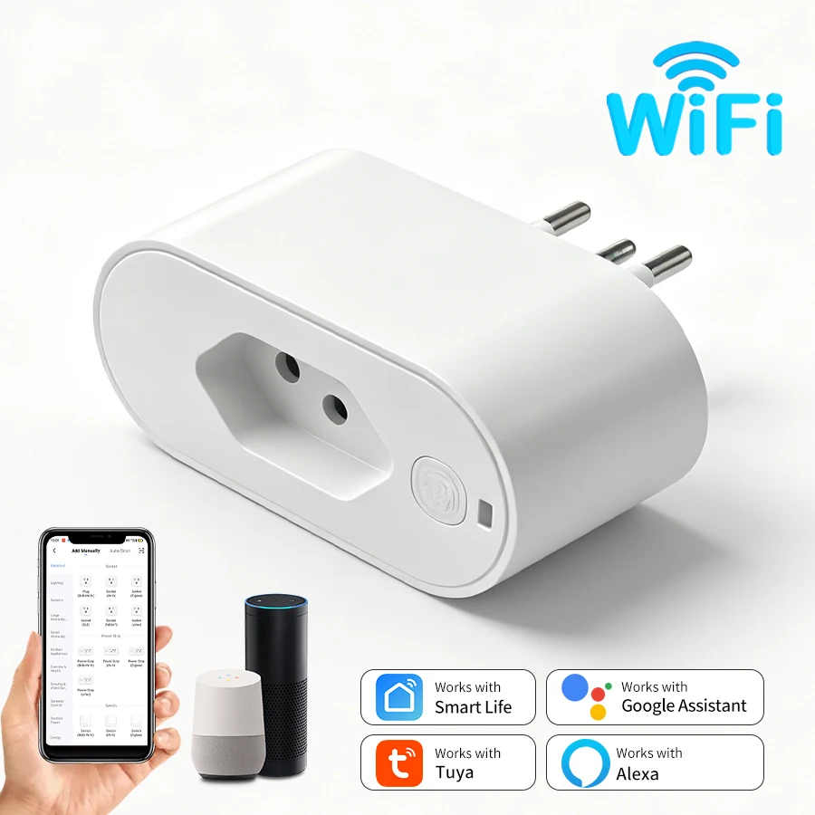 Tuya WiFi Brazil Plug 16A Socket with Power Monitor Smart Home App Remote Voice Control Smart Switches For Google Home Alice