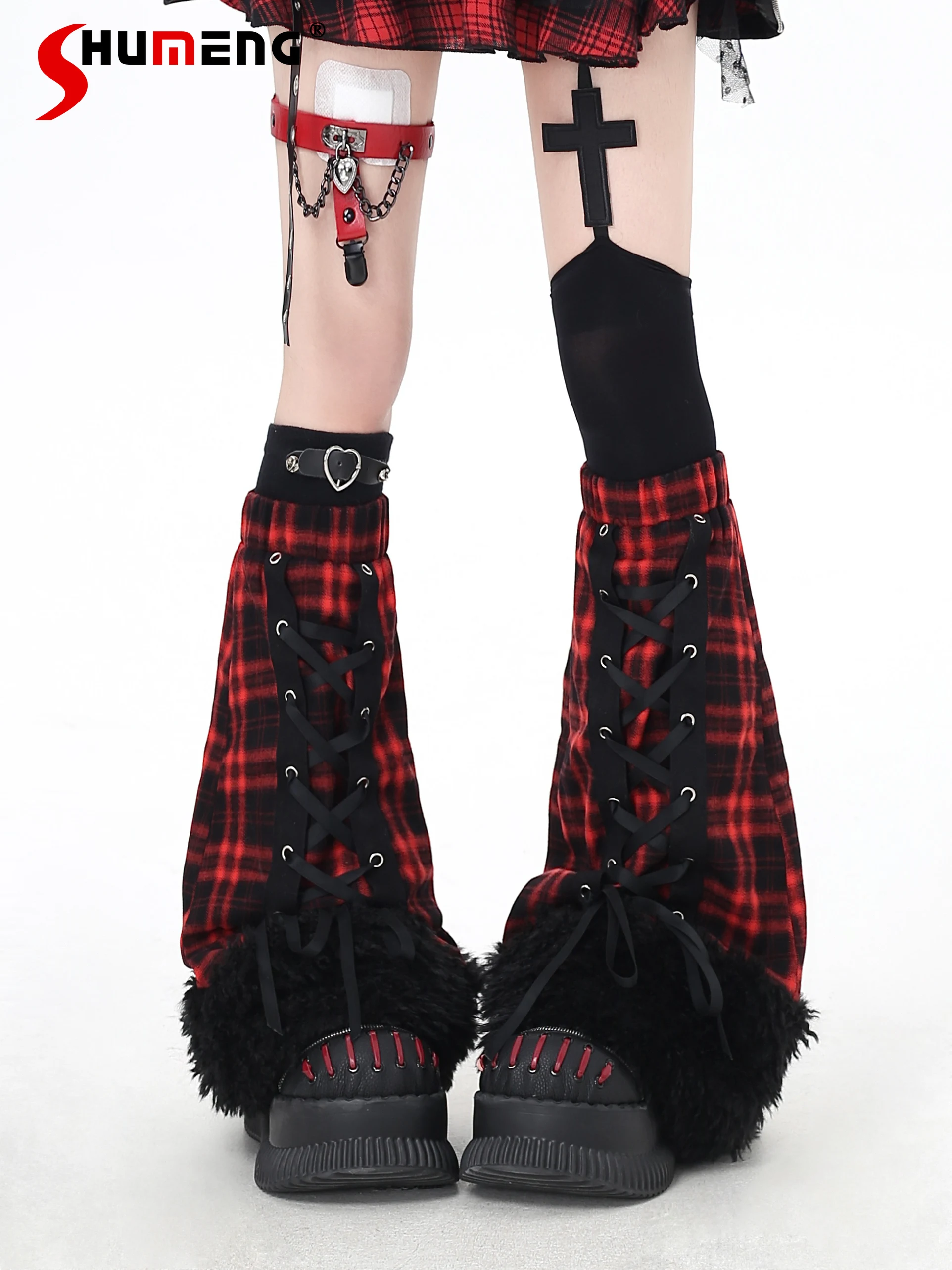 

Original Japanese Style Sweet Cool Subculture Gothic Y2K Leg Warmers Lace-up Patchwork Plaid Furry Leg Warmers Legwarmers Women
