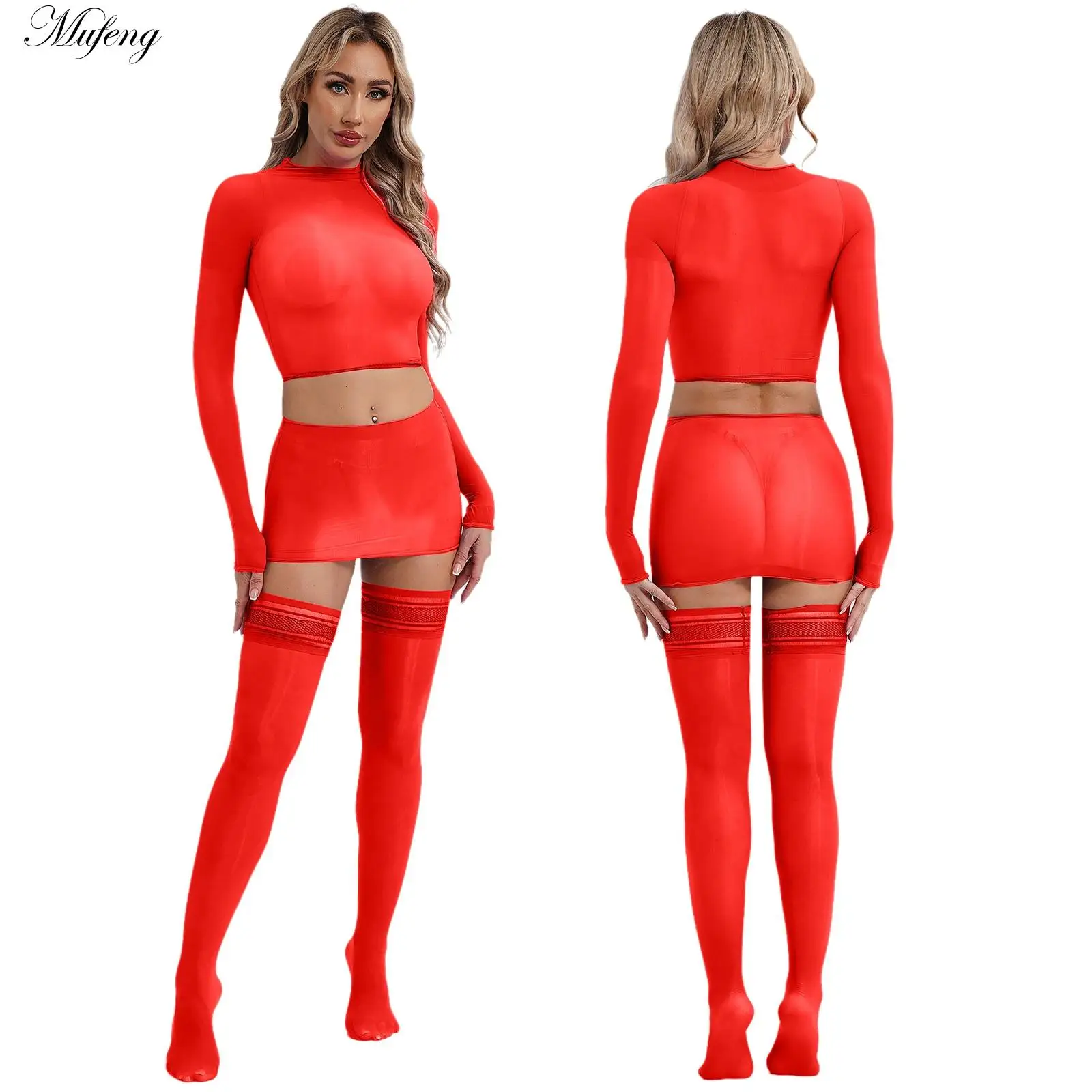 

Womens Sexy Sheer Lingerie Set Thigh High Stockings Tempting 3-piece Nightwear Long Sleeve Crop Top Hip Wrap Miniskirt Clubwear