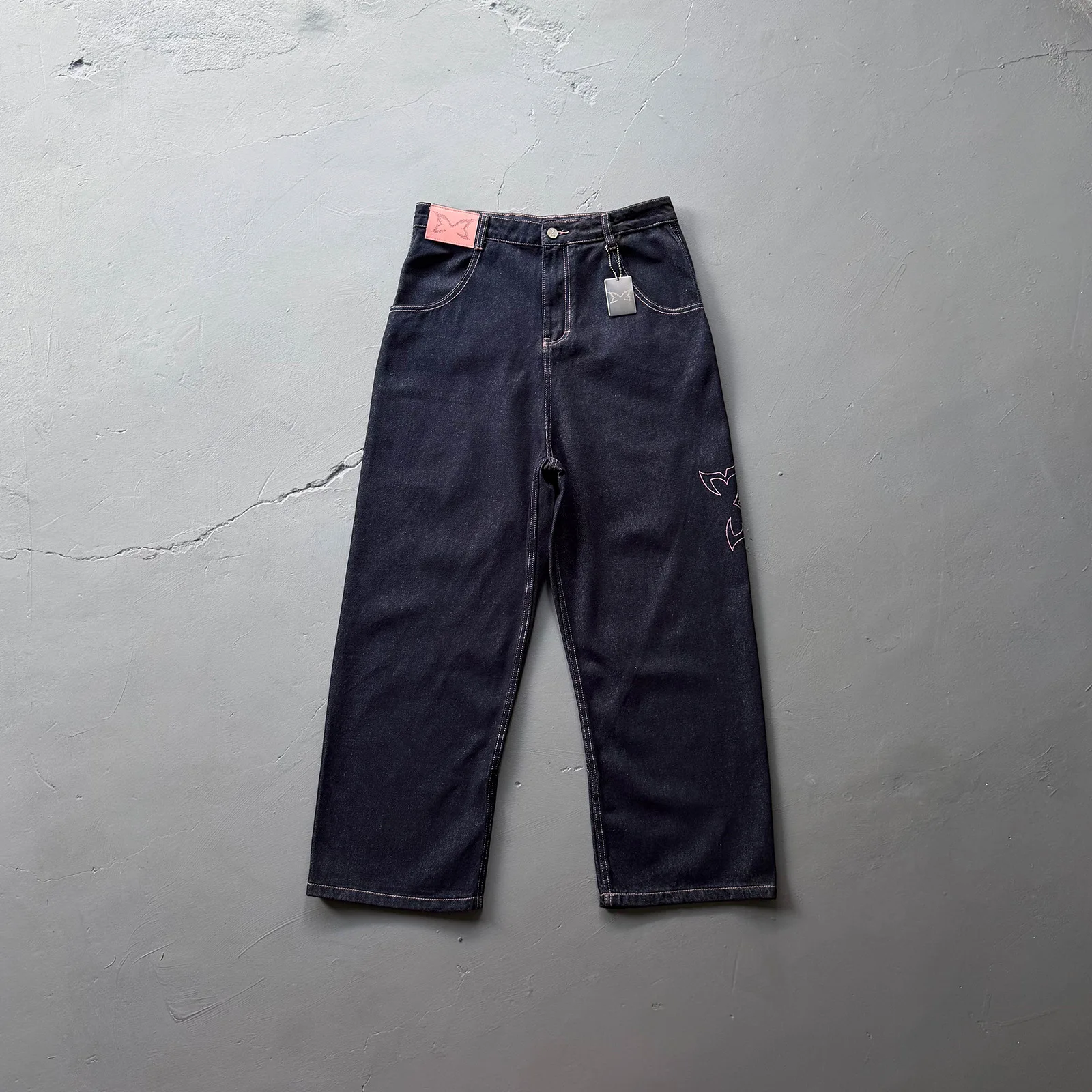 Mertra Embroidered Jeans American Retro Streetwear Hip-Hop Loose-Fit Straight-Leg Skate Pants