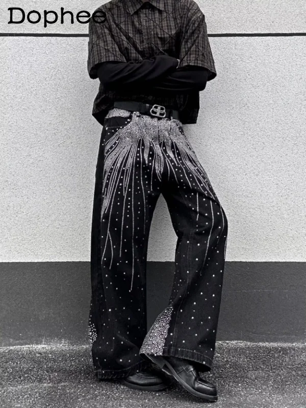 

American High Street Retro Starry Heavy Rhinestone Jeans Casual Versatile Loose Straight Wide-Leg Pants Unisex