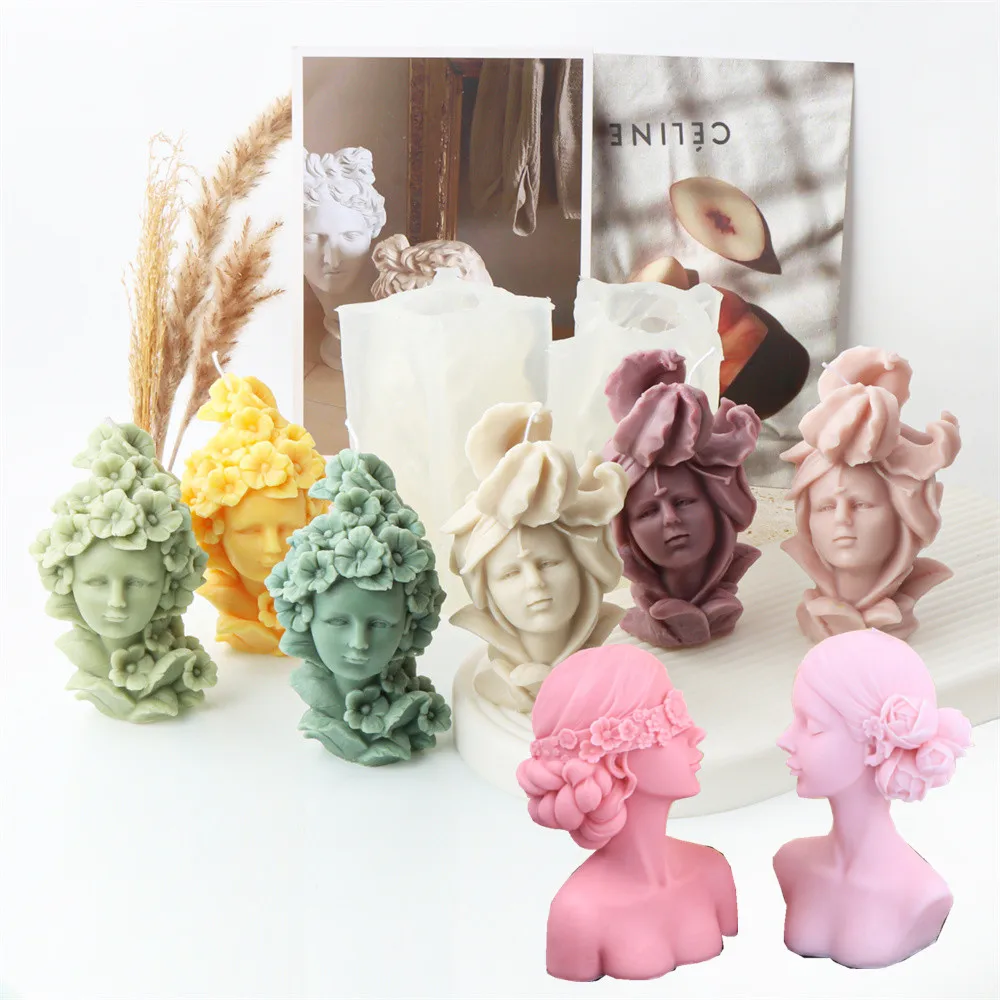 Elegant Closed Eye Girl Candle Mold Blindfolded Woman Portrait Statue Making Home Decor Gift Flower Elf Resin Silicone Mould