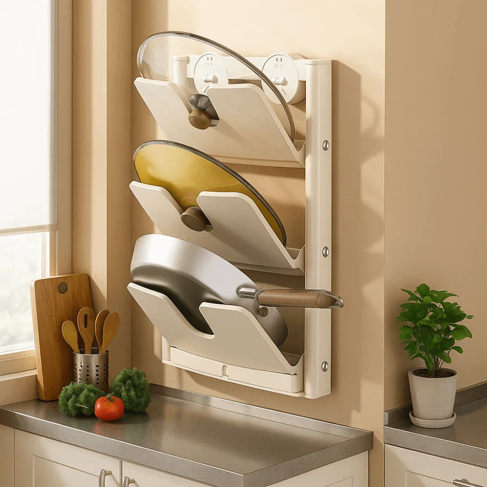 

Multi-Layer Suction Cup Pot Lid Rack Wall Mounted Punch-Free Pot Lids Holder Rustproof Space Saving Pan Cover Storage Holder