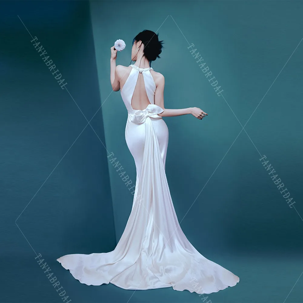 Customized Elegant Soft Satin Mermaid Wedding Dress Sleeveless Backless Sheath Bridal Gown Simple Sweep Train Evening Dress Chic