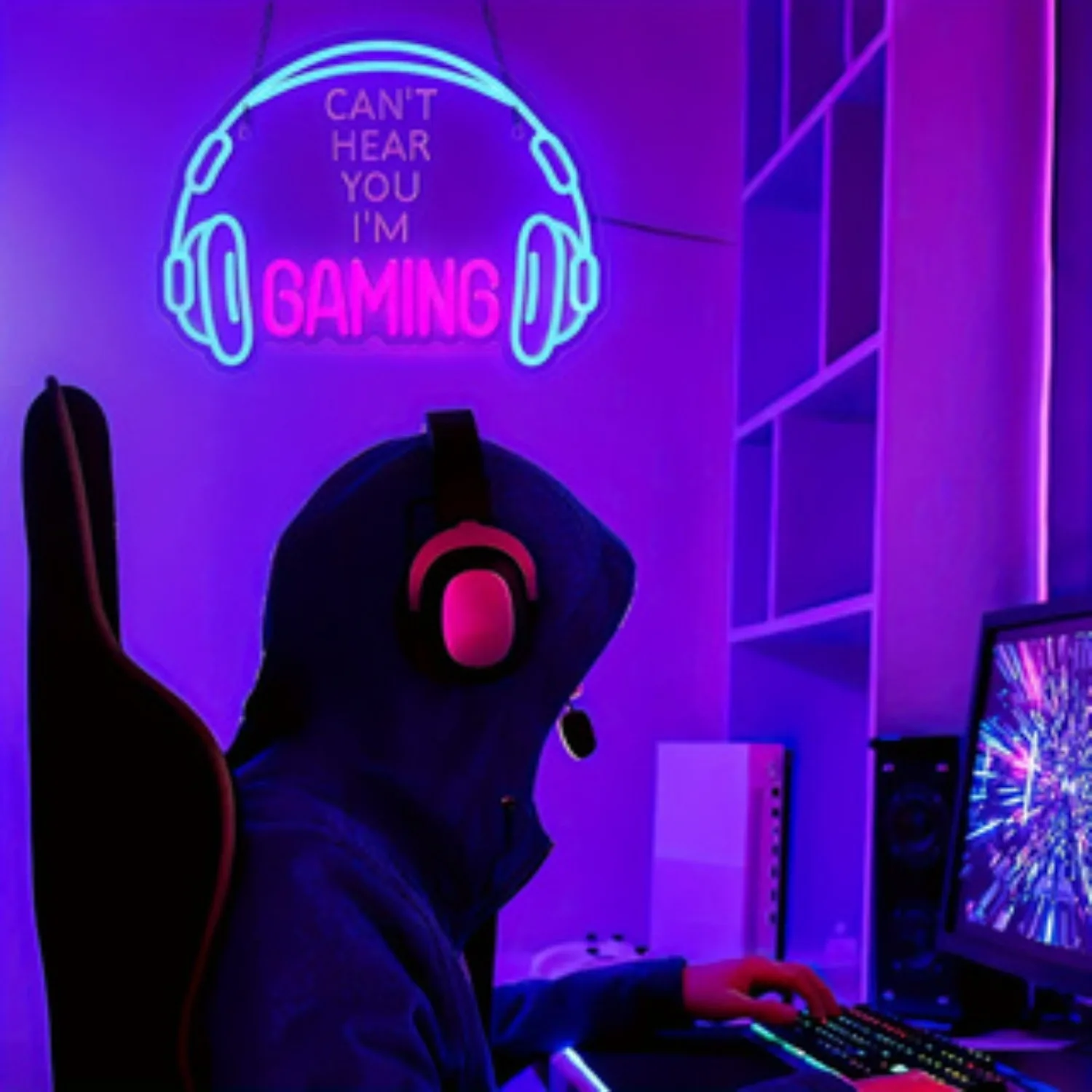 Can't Hear You I'm Gaming Neon Sign, LED Headphone Gaming Neon USB Powered Lighting Gaming Area Video Room Bedroom Wall Decor