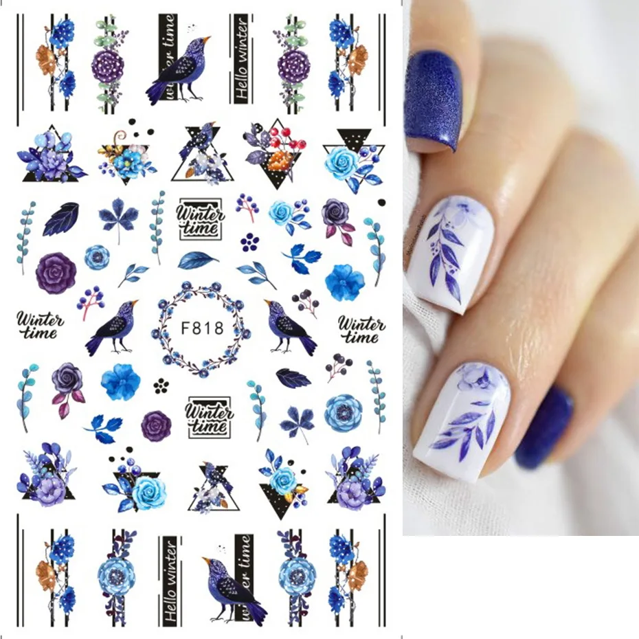 Autumn and Winter Blue Landscape Lines Flowers Birds Butterfly 3D Stickers Nail Art Decals Nail Parts Christmas Nail Stickers