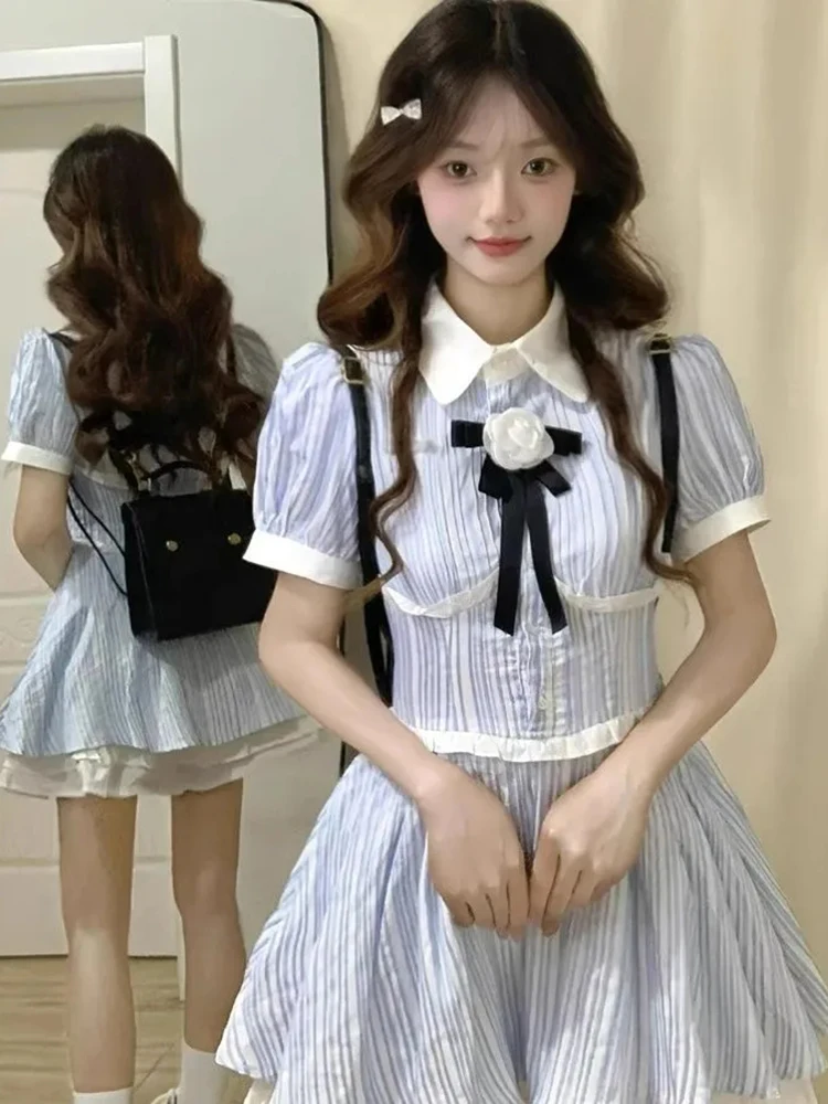 

Preppy Style Bow Striped Dress Women Summer Sweet Ruffles Patchwork Cake Mini Dress French Slim Kawaii Princess Lady Vestidos
