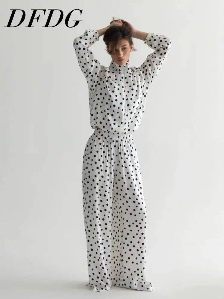 

DFDG Women 2026 Spring Summer Polka Dot Two Piece Set High Neck Long Sleeve Elastic Waist Wide Leg Pants Elegant Casual Outfit