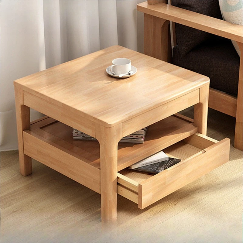 

Solid wood small coffee table simple square table, living room side table with drawers corner few square low table log wind