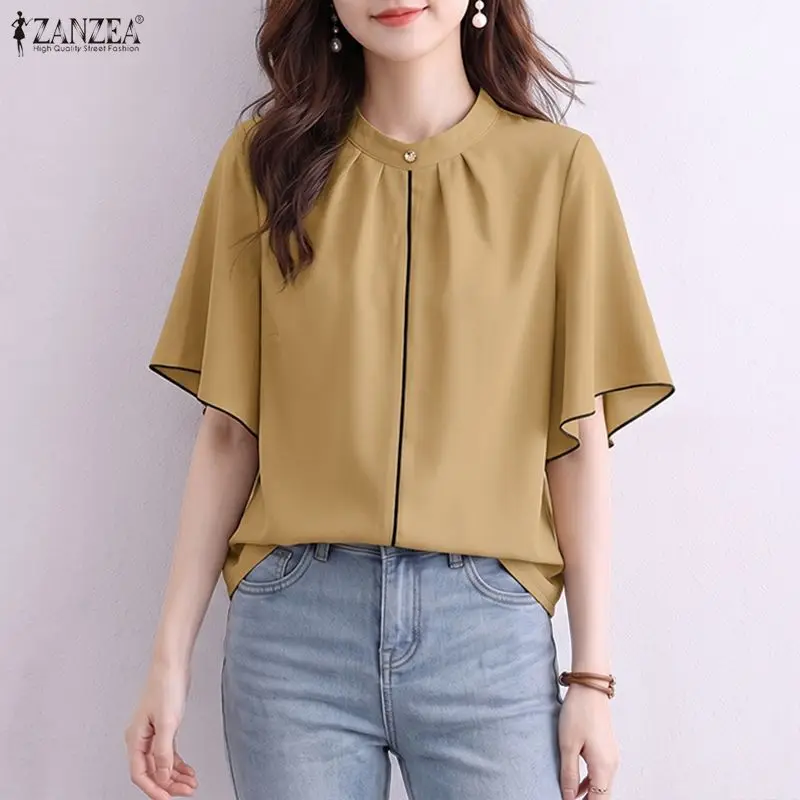 ZANZEA Elegant Office Work Shirt Summer Women OL Style Blouse Short Sleeve Contrast Trim Tops O Neck Casual Holiday Tunic Femme