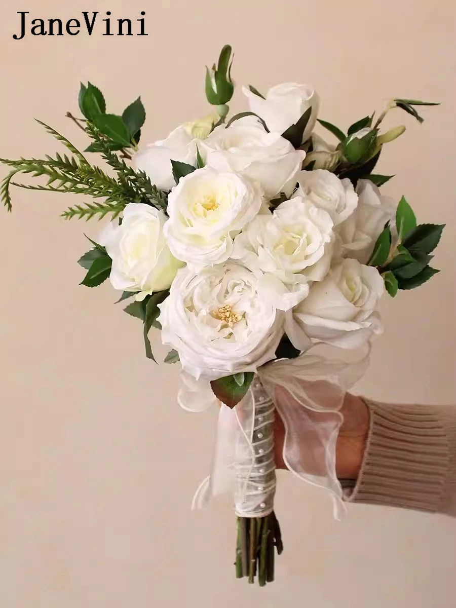 

JaneVini European White Wedding Bride Artificial Flower Bouquet Real Touch Roses Bridal Handheld Flowers Home Party Decoration