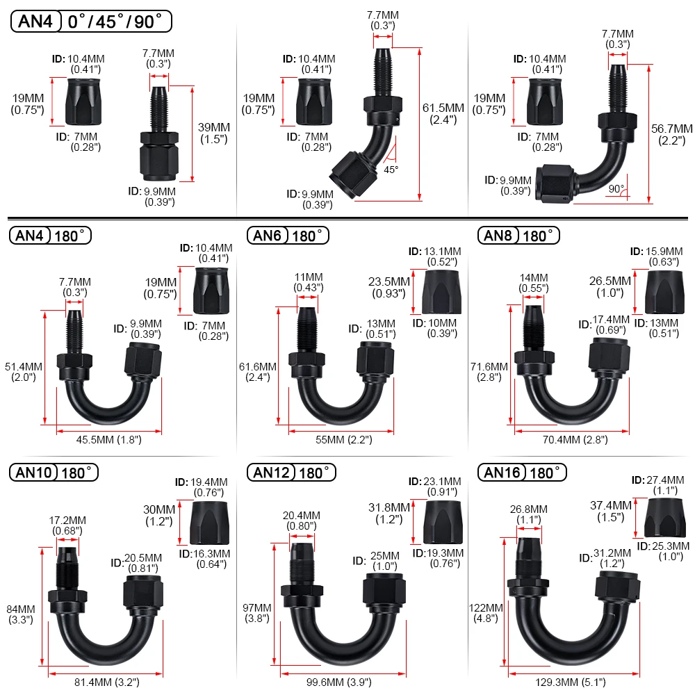 Universal AN4 AN6 AN8 AN10 AN12 AN16 Straight 45 90 120 180 Degree Oil Fuel Swivel Hose End Fitting Oil Hose End Adaptor Kit