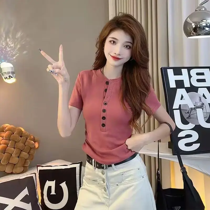 Round Neckband Slim and Versatile Short-sleeved T-shirt for Women Fashion Waist-hugging Slim and Simple Top Trendy