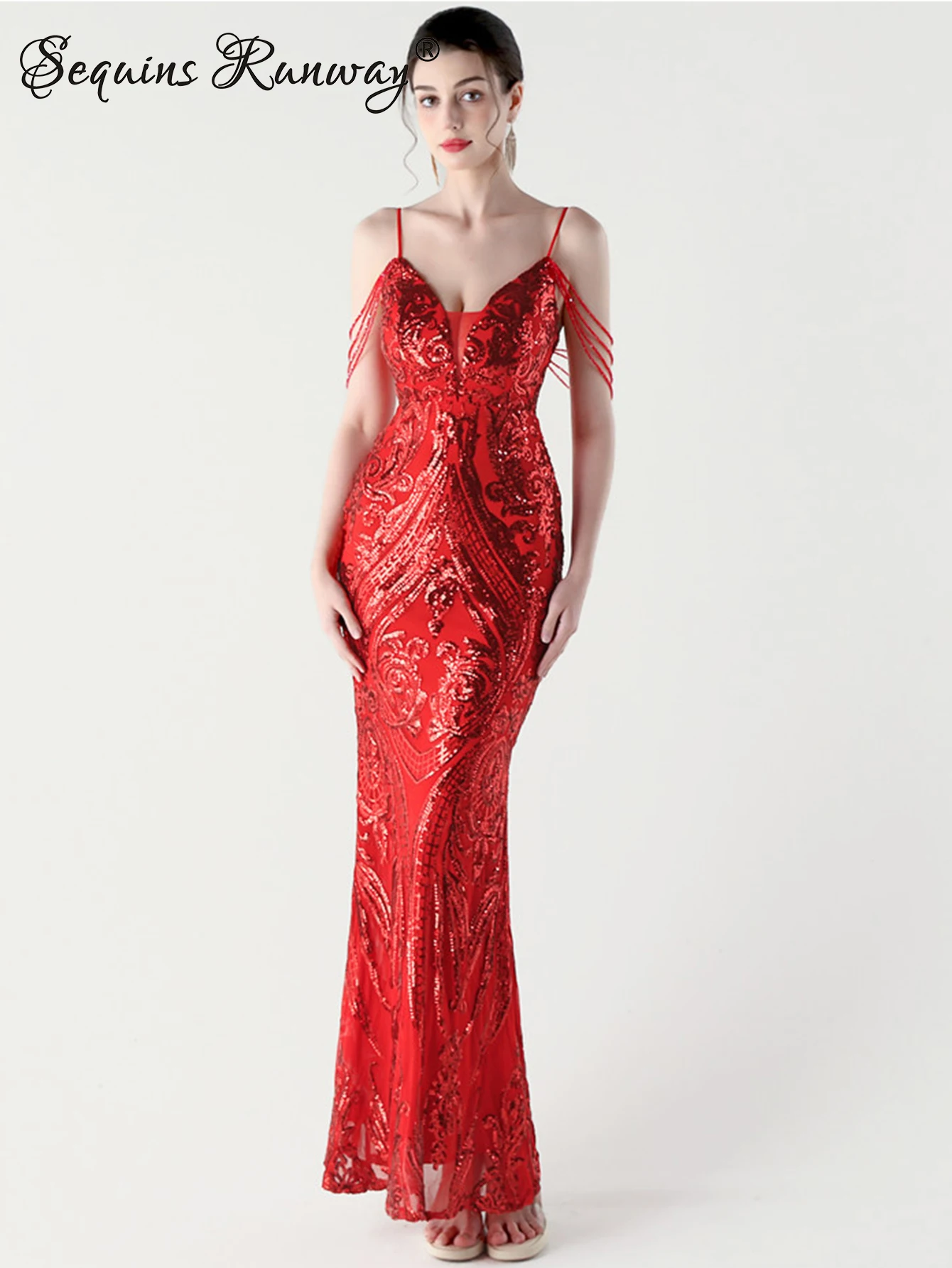 Sexy backless black sequin slip summer dress women elegant prom party long dresses woman luxury fishtail evening dresses vestido