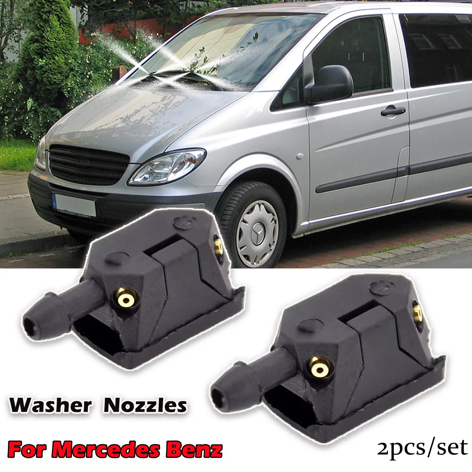 2 peças montadas em bicos de arruela de para-brisa de carro com braço de 8/9mm para Mercedes Benz Vito 638 639 W638 W639 W447 Viano V-Class Sprinter
