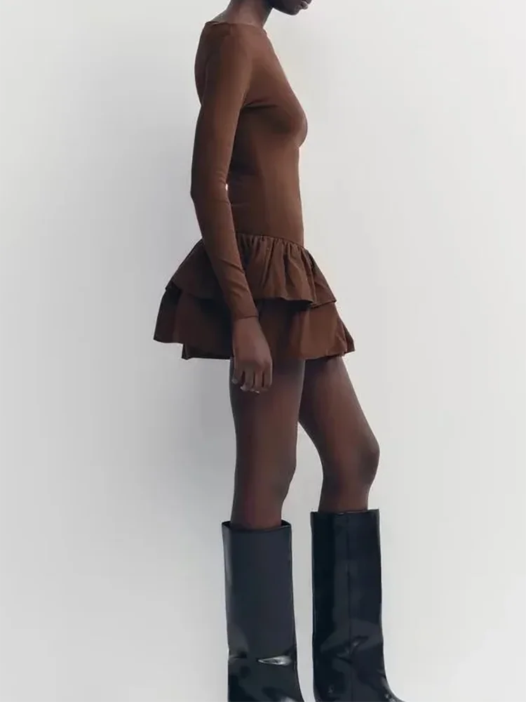 Women Fashion Solid Tierred Ruffle A-Line Dress Spring Elegant O Neck Slim Fit Mini Dress Autumn Long Sleeve Simple Boho Dresses