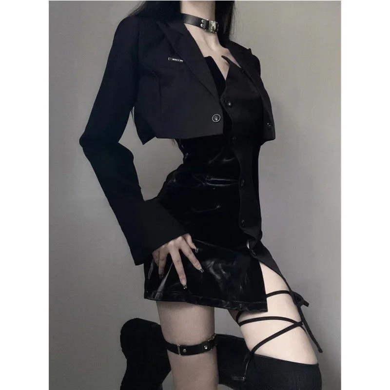 Vintage Black Blazer 2 Piece Dress Set Woman Elegant Short Tops Sexy Strap Y2k Mini Dress Gothic Fashion Suit Slim 2023 Autumn