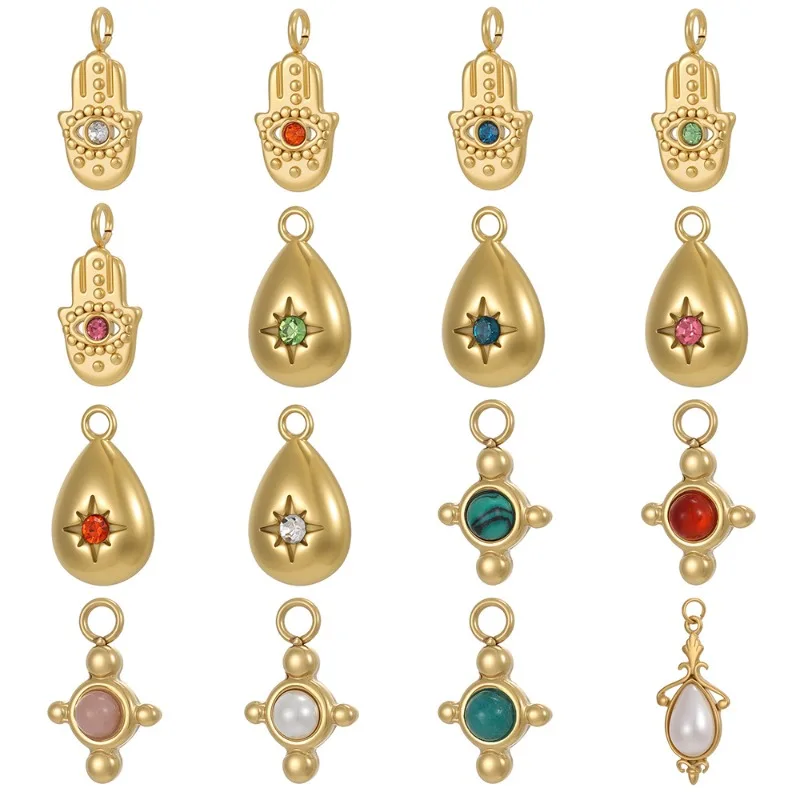 Vintage Boho Gemischte Edelstein-Anhänger, Vergoldete Hamsa-Hand-Tropfenperle für Handgemachte DIY-Schmuckherstellung
