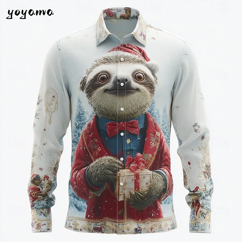2025 Christmas Theme Men's Snowflake Christmas Animal Printed Shirt Button up Shirt Casual Long Sleeve Shirt Street Men's Shirts