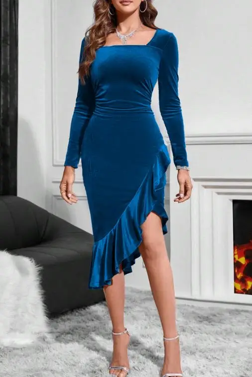 

Velvet Women's Spring New Square Neck High-End Elegant Waist Cinched Ruffle Edge Decoration Tight Fitting Hip Hugging Dress