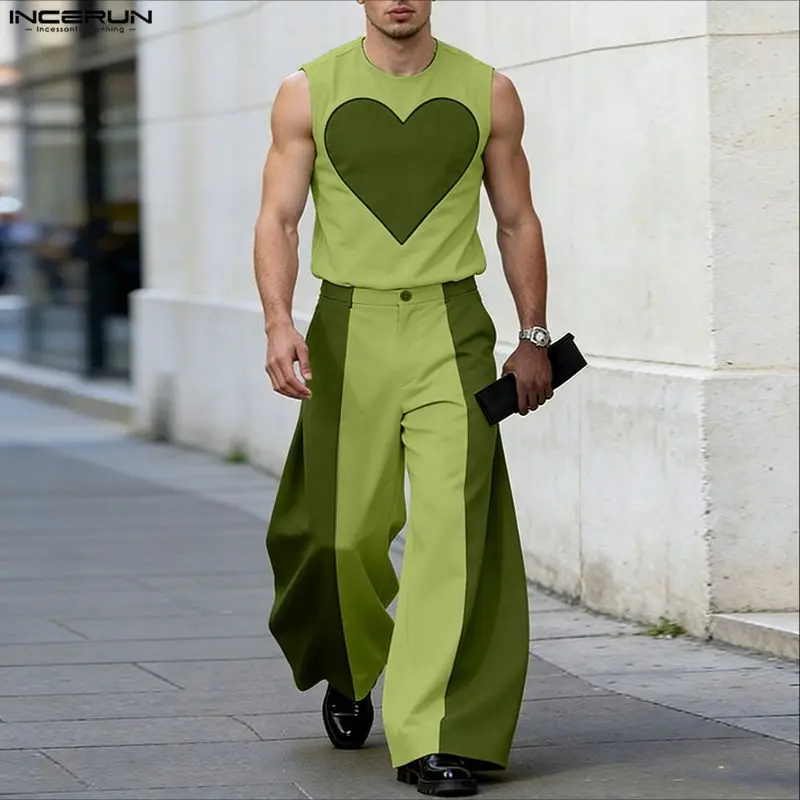 INCERUN Herren-Sets, Patchwork, Farbblock, ärmellose Tanktops, Hosen mit weitem Bein, zweiteilige Sets, Streetwear, modische Herren-Matching-Sets