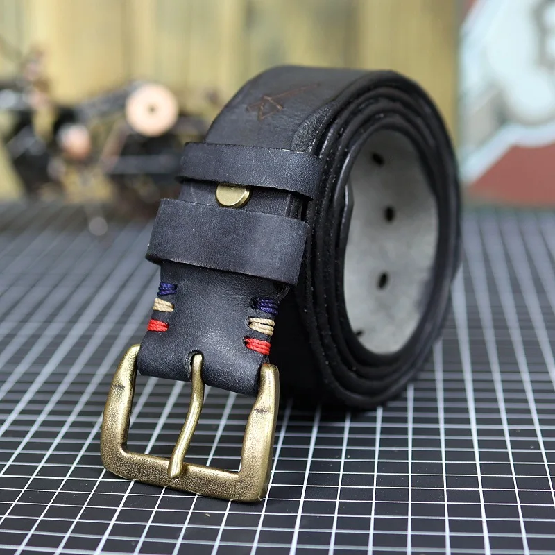 حزام رأس جلد البقر للرجال جينز ريترو برونزي دبوس فئة حزام ربطات عنق غير رسمية