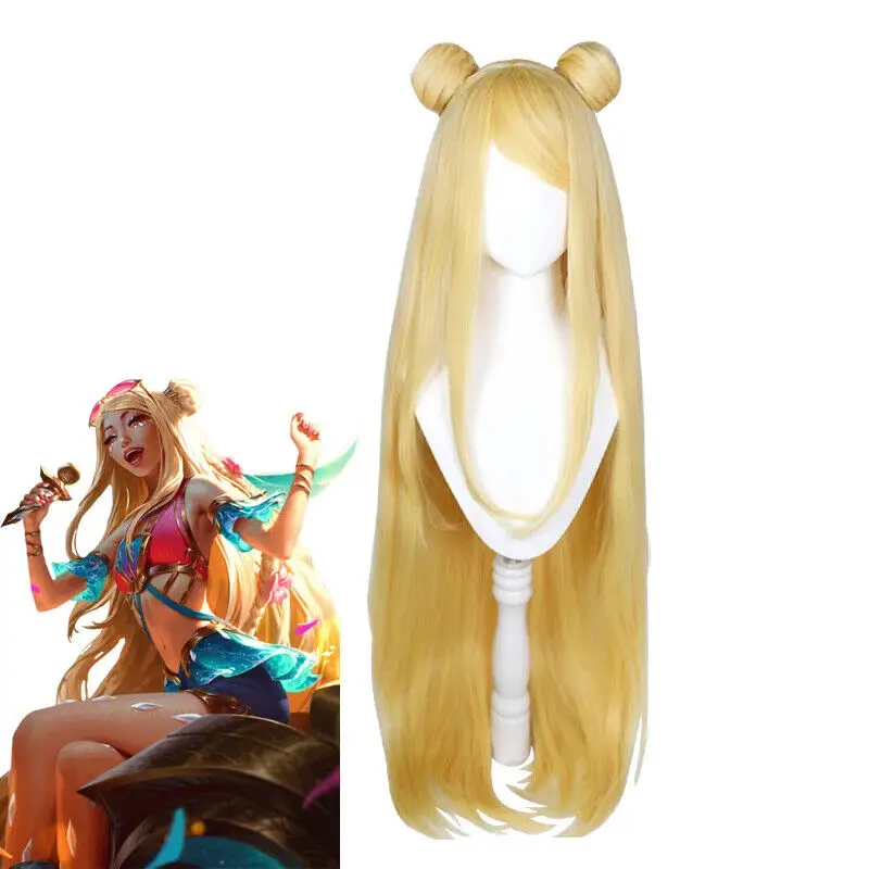 LOL Ocean Song Seraphine Cosplay Wig With Buns 100cm Long Straight Blonde Hair