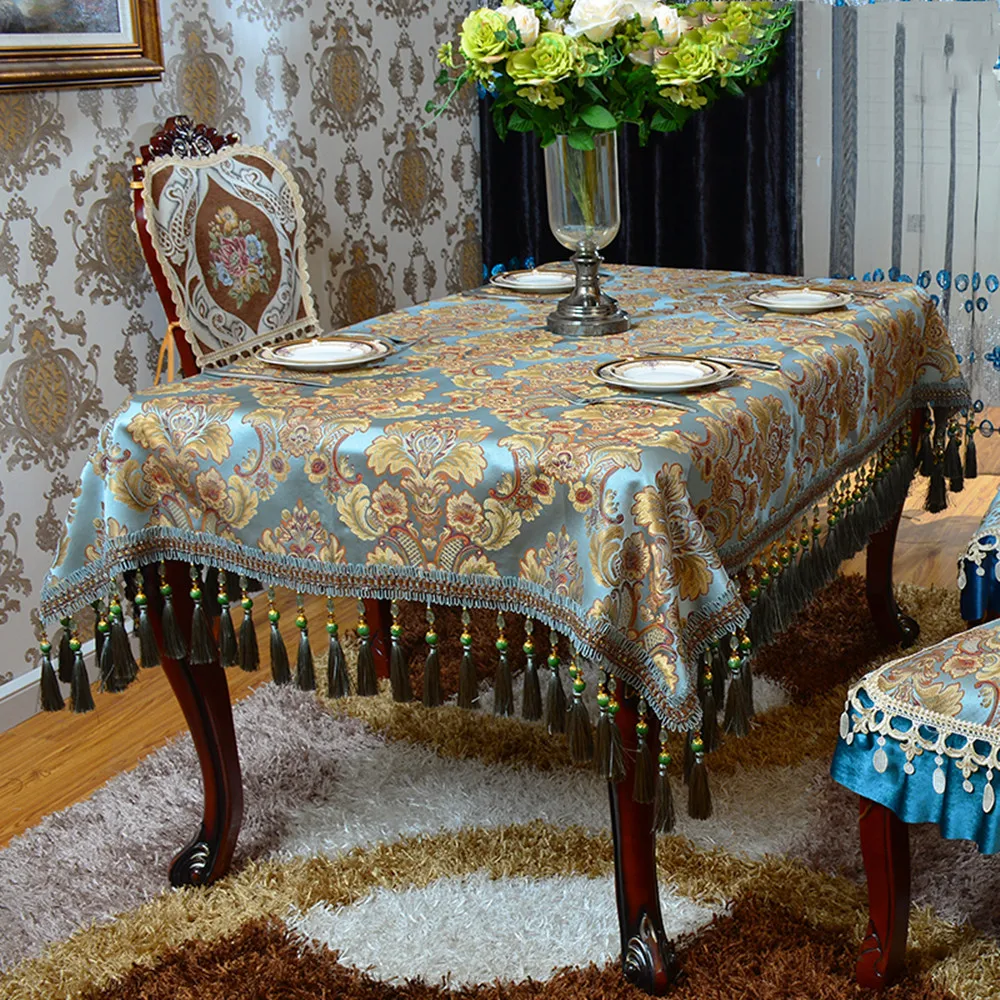 

European Luxury Tassel Table Cloth High Density 3D Embroidery Process Tablecloth Anti-slip Suede Bottom Dining Table Cover