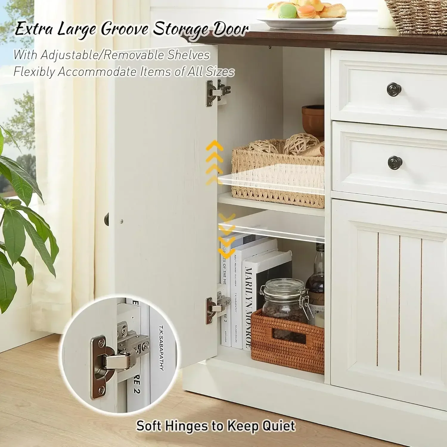 [Hot Deal, Best Seller!]58"  Cabinet with Storage,34" Tall Coffee Bar  w/2 Large Drawers&4 Grooved Barn Doors,Sideboard
