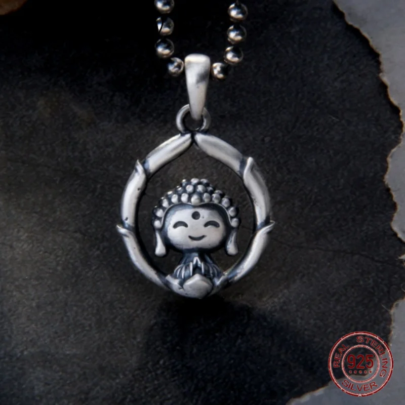 

new 100% S990 Sterling Silver Jewelry Retro Frosted Lotus 3D Cute Buddha Pendant For Women's Lucky Gift