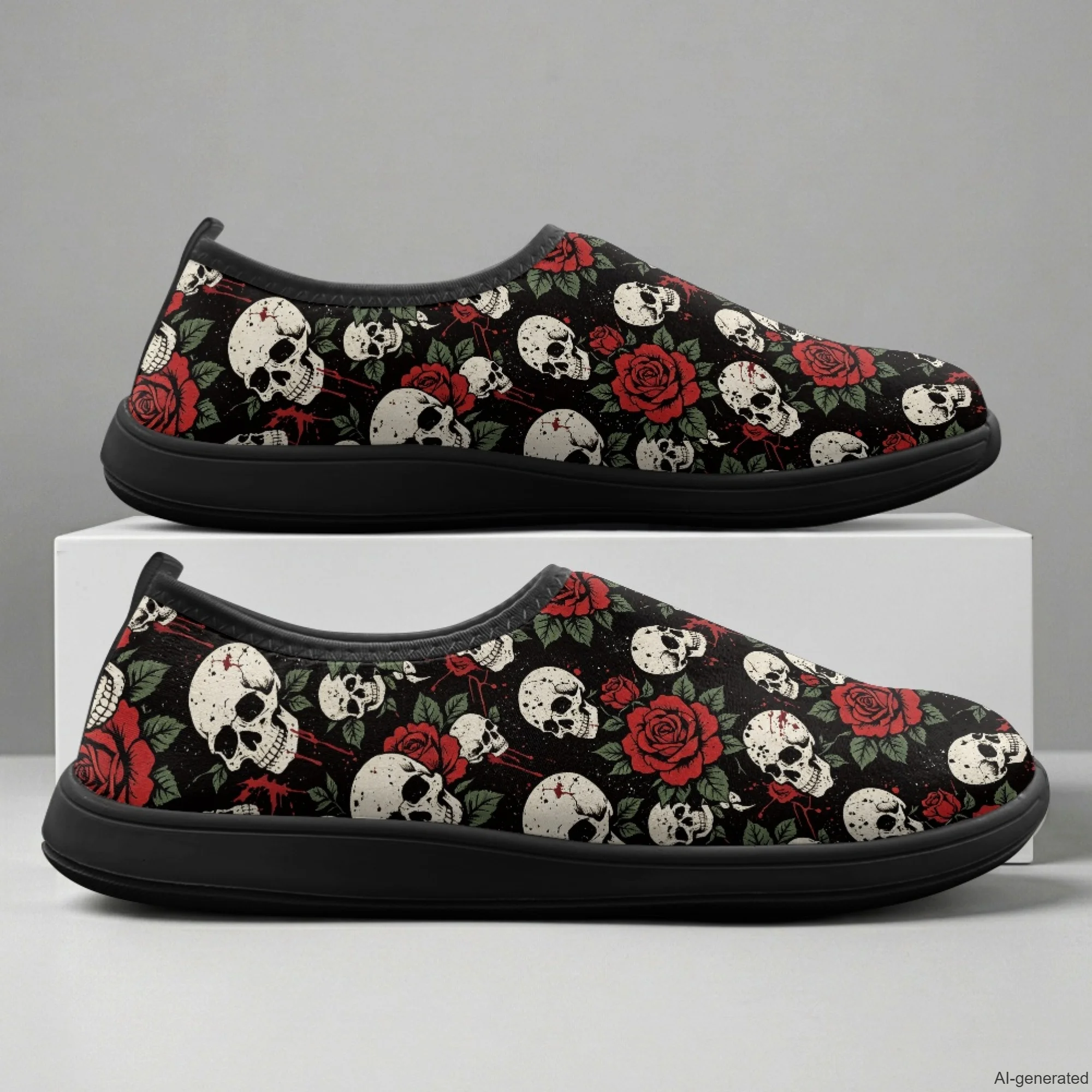 XIXIRIMIDO Slip-on Wide-toed Shoes Skull Roses Print Zapatos De Mujer Men's Sneakers and Casual Shoes Slippers Nurse Shoes 36-46