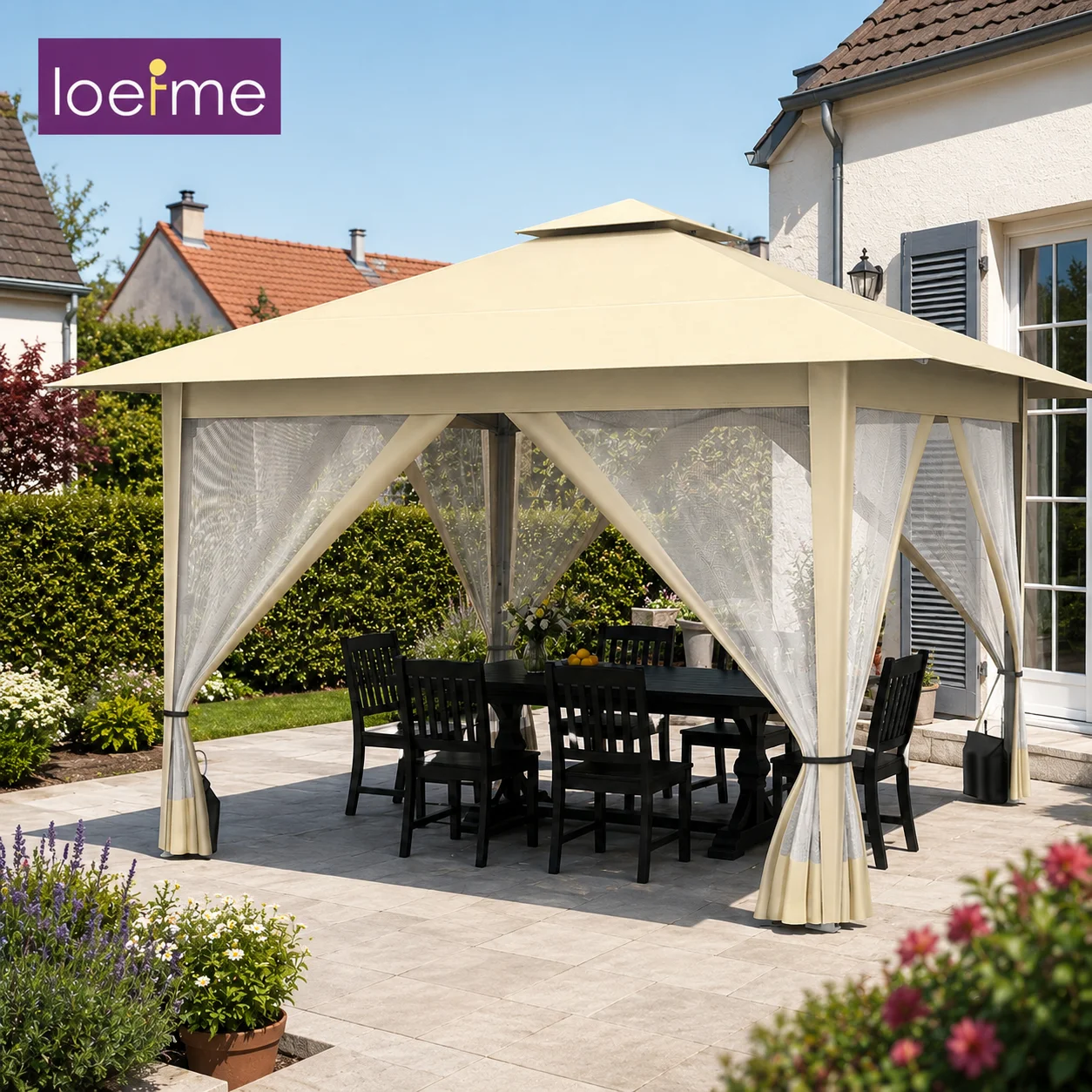 Carpa Gazebo Plegable LOEFME de 3.9x3.9M, Techo Doble Impermeable, con 4 Paredes Laterales con Mosquitera, Altura Ajustable, Estructura de Acero, para Jardín, Patio, Camping, Playa, Fiesta, con Bolsa de Transporte