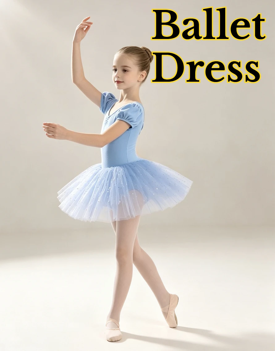 Kid Summer Short Puff Sleeve Sparkle Ballet Leotard Dress For Daily Class Dance Training Stage Performance Ballerina Soft Outfit