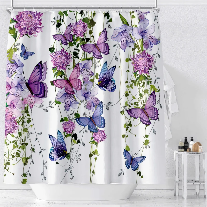 1pc Purple & Blue Butterfly Floral And Green Vine Digital Print Shower Curtain, Bathroom Decor With Hooks Included