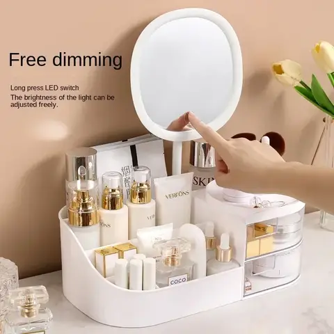 Makeup Organizer with Rechargeable Makeup Mirror Skincare Cosmetics Organizer Countertop Large Capacity Cosmetic Display Case