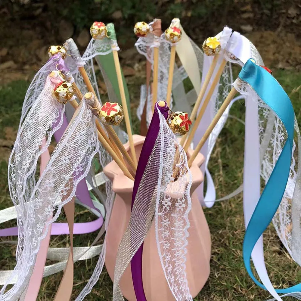 

10/20PCs Lot Colorful Stain Ribbon Wedding Stick, Mixed Color Wedding Wands with Gold Bells, Wedding Decoration