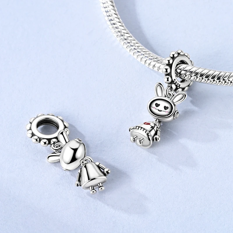 

925 Sterling Silver Rabbit Robot Charms Bead CZ Zircon Cute Pets Dangle Fit Original Bracelet DIY Women Jewelry Gift