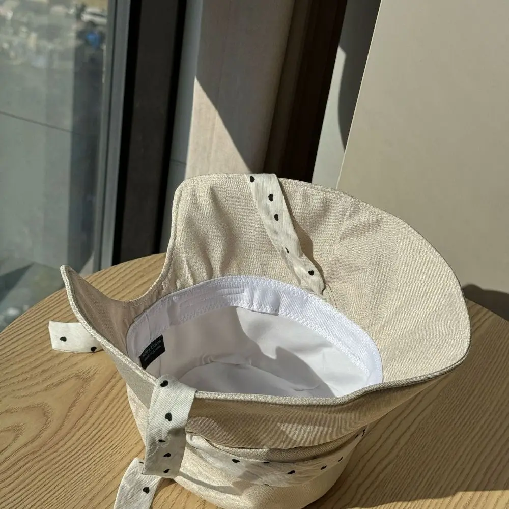 Casual Polka Dot Ribbon Women Fisherman Hat Solid Color Wide Brim Summer Sun Hat Breathable Cotton Bucket Hat Beach 6