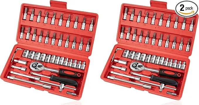 46-piece 1/4-inch metric socket and ratchet wrench set with extension bar, upgraded compact automotive tool kit (2-piece set)