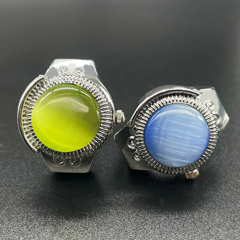 WLP Creative Punk Opal Gemstone Pocket Quartz Finger Watch Rings for Women Men Elastic Strap Clock Alloy Ring Jewelry Gift