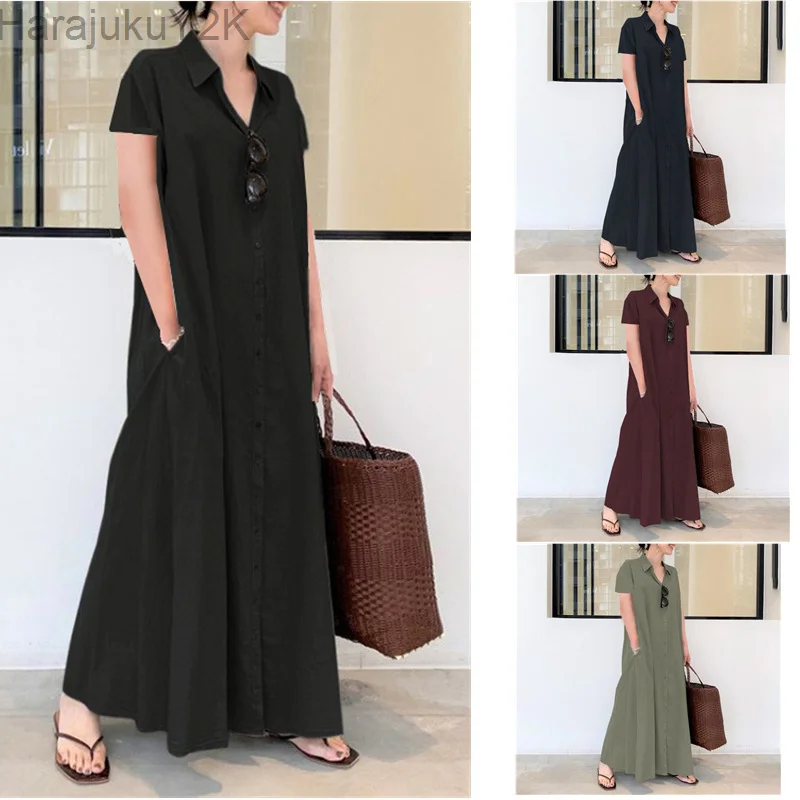 Sommer neue Hemd kleider für Frauen Mode lose Kurzarm Vintage Robe weibliche lässige Streetwear langes Kleid große Größe 5xl