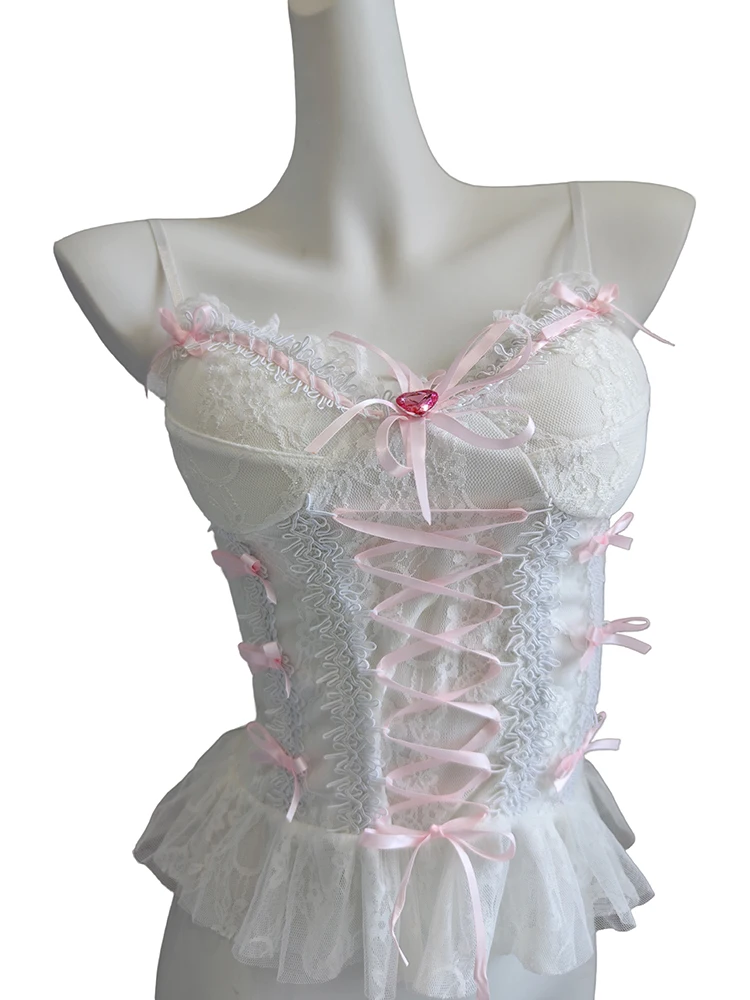 

White Lace Crop Tops Women Summer Pink Bows Decorate Ribbon Lace Up Cute Camis Top for Sweet Girls