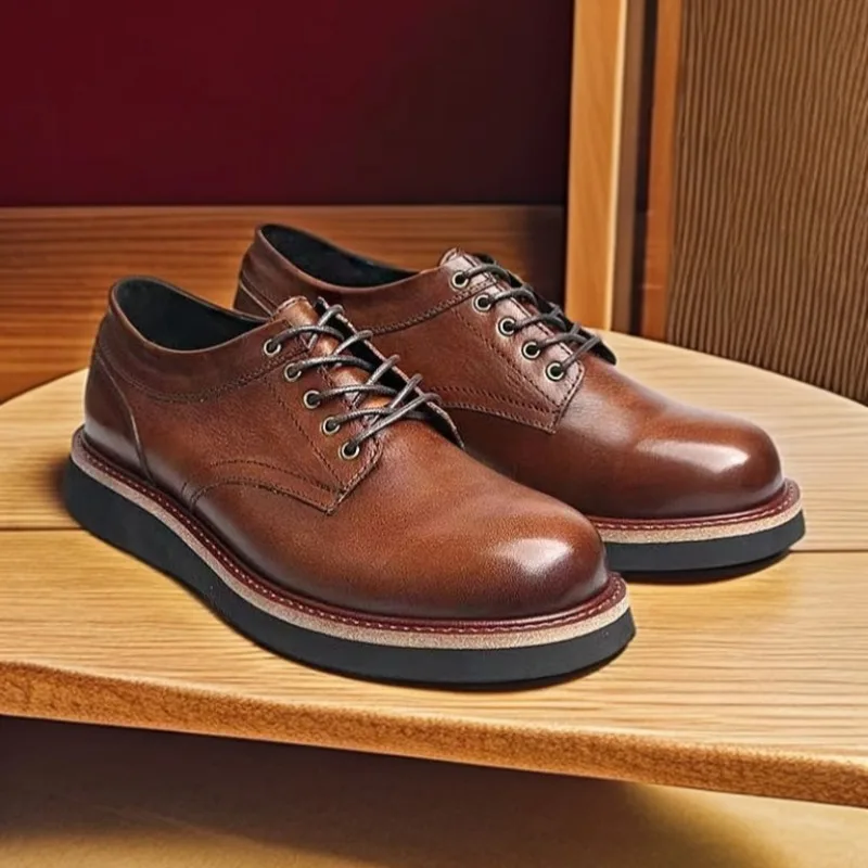 

Retro Men's Leather Shoes Male Genuine Leather Handmade British Round Toe Platform Sole Fashion Casual Outdoor Work Derby Shoes