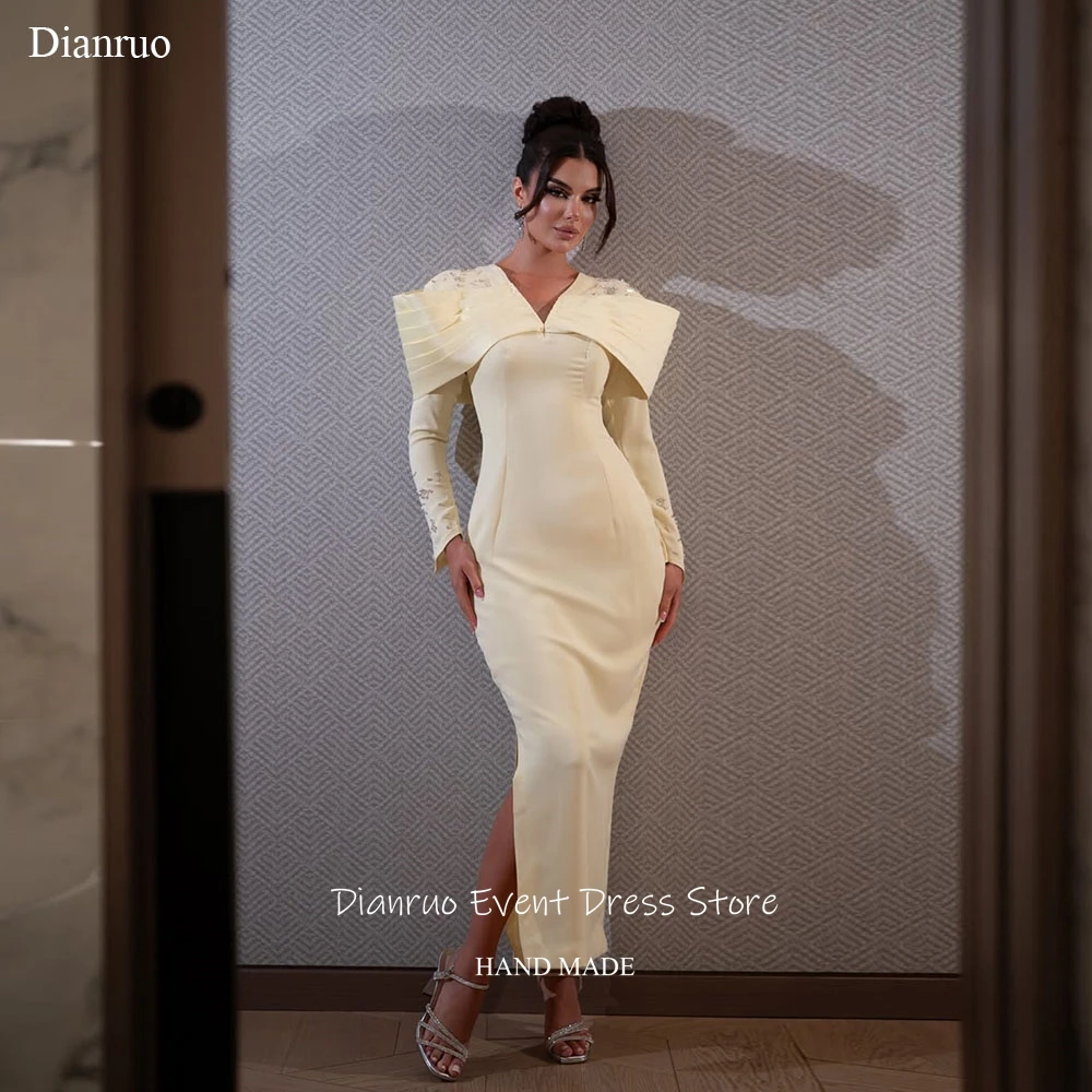

Dianruo V Neck Bling Beaded Evening Dresses Mermaid Midi Length Robes De Soirée Pale Yellow Slit Vestidos Para Mujer Customized