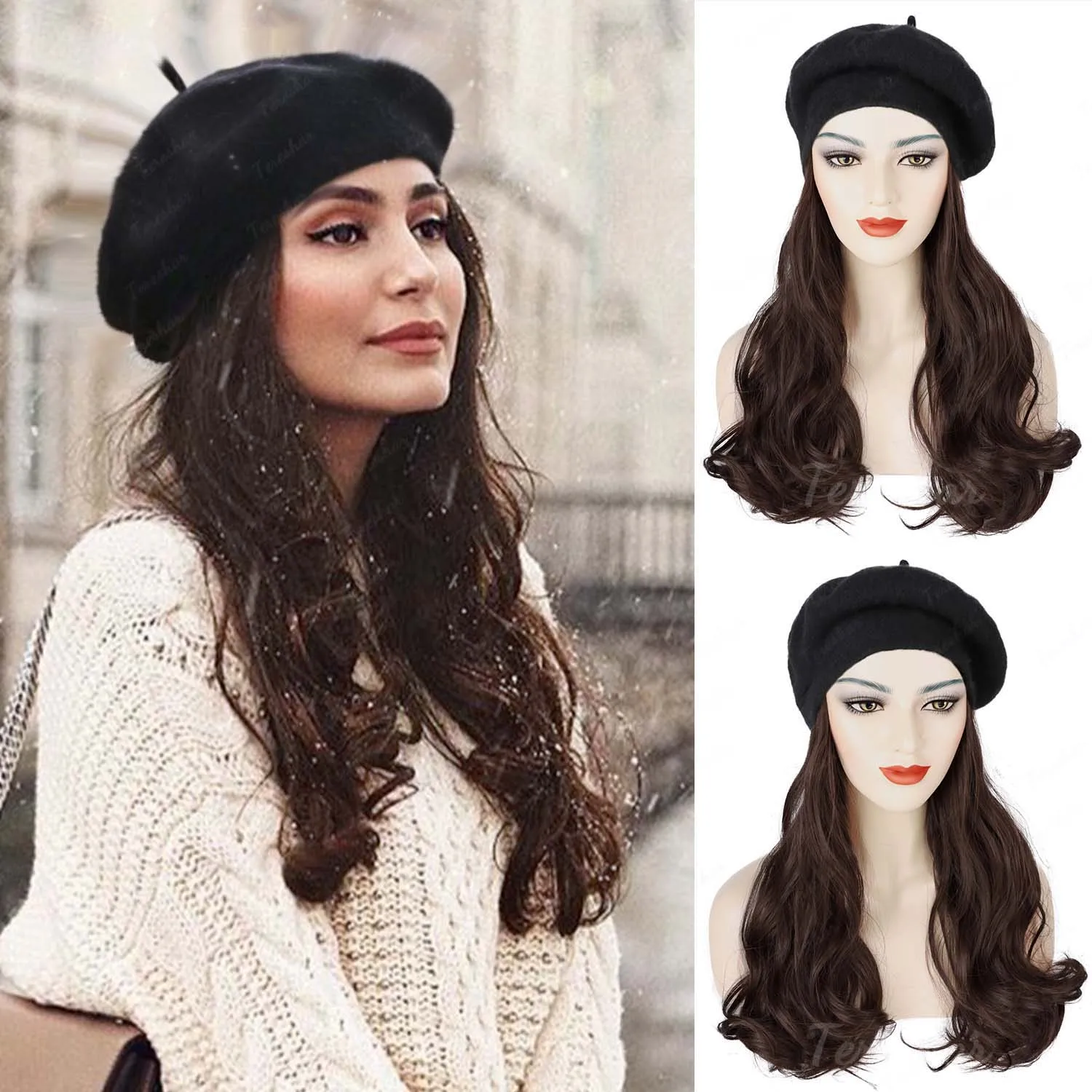 Synthetic Beret Wig, Long Curly Hair with Beret, Fashion Long Curly Hair Beret Wig, Beret with Hair Extensions for Women