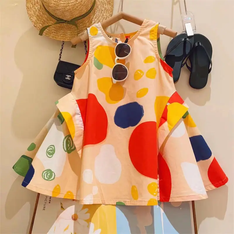 

2023 New Korean Fashion Dress for Children Cartoon Cute Kawaii Contrasting Colors Loose Casual Sports Chic Sleeveless Robes Girl